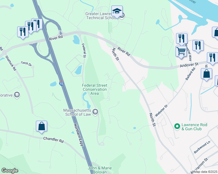 map of restaurants, bars, coffee shops, grocery stores, and more near 701 Brookside Drive in Andover