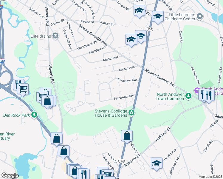 map of restaurants, bars, coffee shops, grocery stores, and more near 66 Fernview Avenue in North Andover