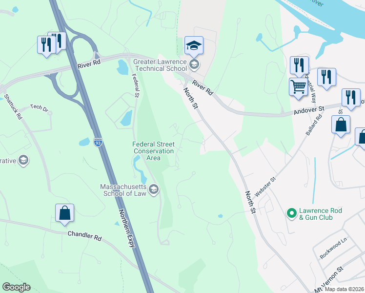 map of restaurants, bars, coffee shops, grocery stores, and more near 701 Brookside Drive in Andover