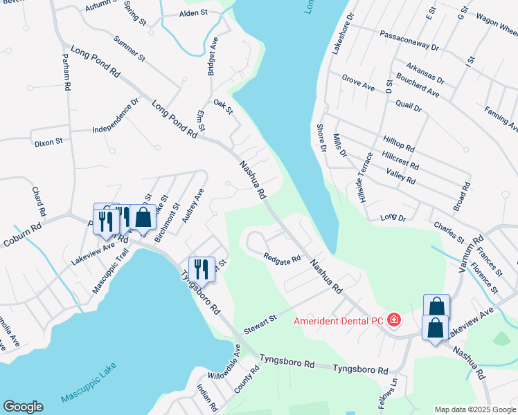 map of restaurants, bars, coffee shops, grocery stores, and more near 753 Nashua Road in Dracut