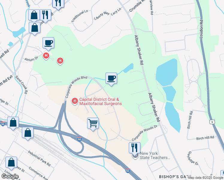 map of restaurants, bars, coffee shops, grocery stores, and more near 12 Corporate Woods Boulevard in Albany