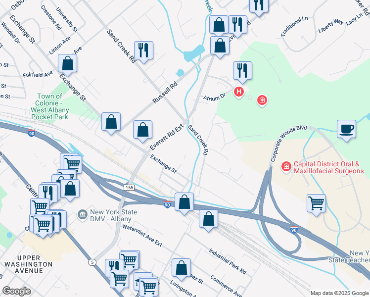map of restaurants, bars, coffee shops, grocery stores, and more near 12 Duffy Lane in Albany