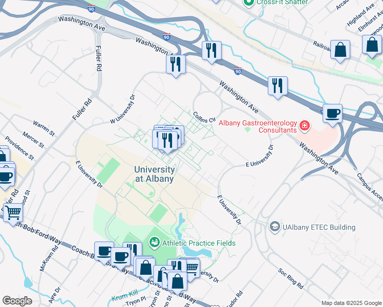 map of restaurants, bars, coffee shops, grocery stores, and more near 251 Fuller Road in Albany