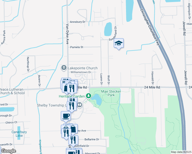 map of restaurants, bars, coffee shops, grocery stores, and more near 53121 Luann Drive in Macomb County