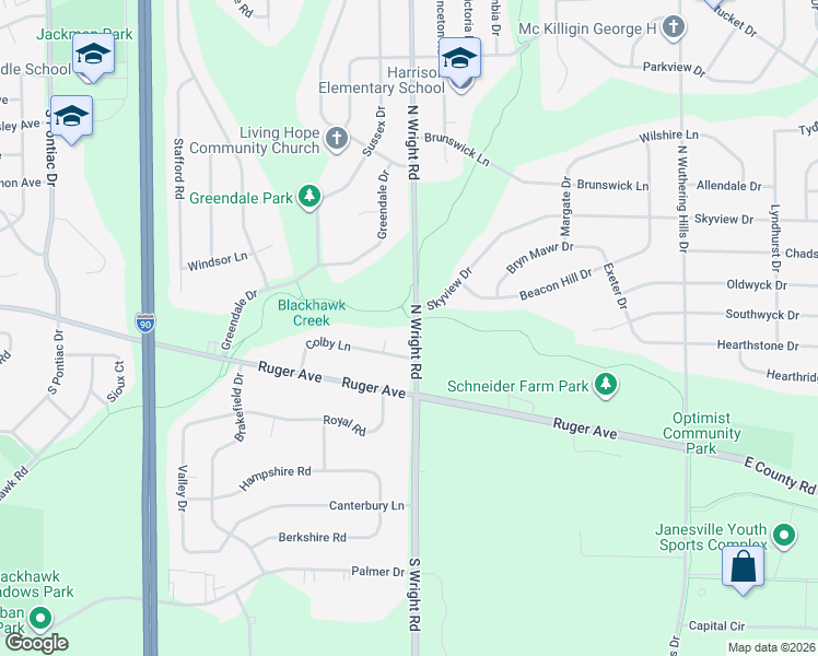 map of restaurants, bars, coffee shops, grocery stores, and more near 416 Colby Court in Janesville