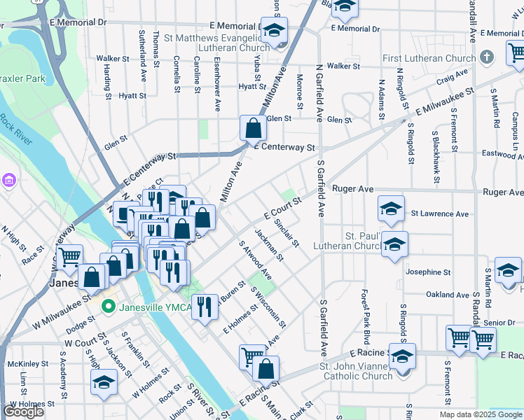 map of restaurants, bars, coffee shops, grocery stores, and more near 28 Sinclair Street in Janesville