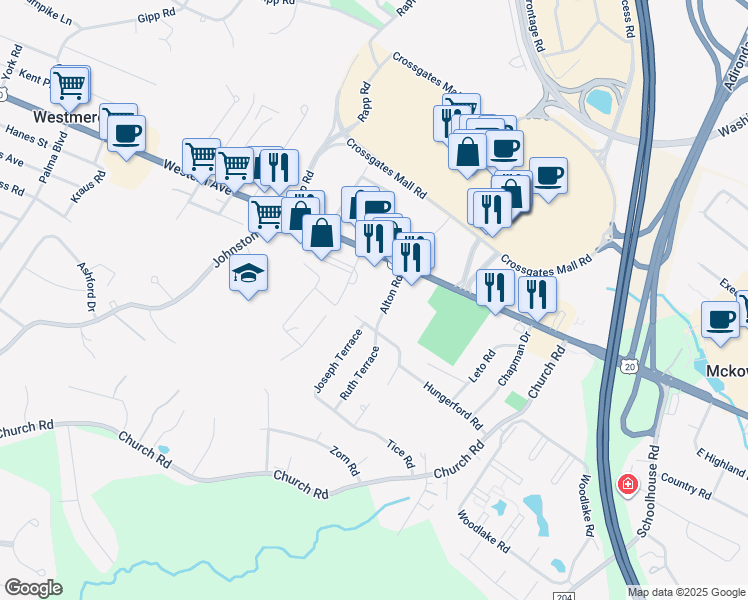 map of restaurants, bars, coffee shops, grocery stores, and more near 10 Alton Road in Albany