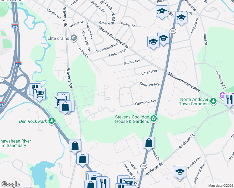 map of restaurants, bars, coffee shops, grocery stores, and more near 38 Edgelawn Avenue in North Andover
