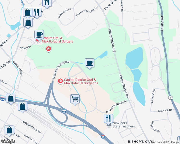 map of restaurants, bars, coffee shops, grocery stores, and more near 12 Corporate Woods Boulevard in Albany