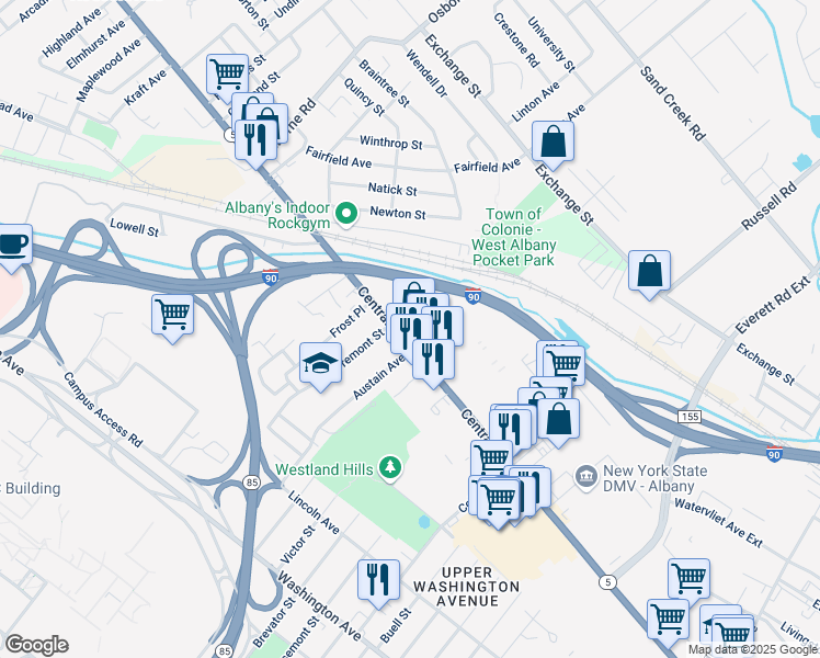 map of restaurants, bars, coffee shops, grocery stores, and more near 1017 Central Avenue in Albany