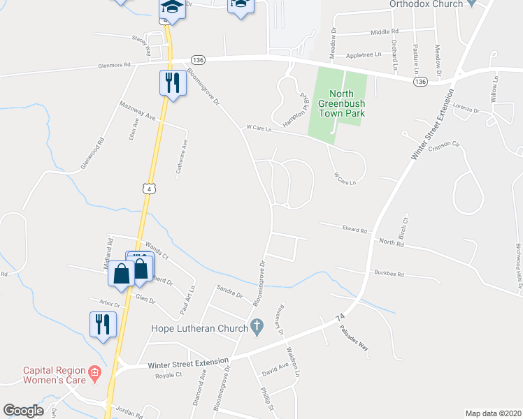 map of restaurants, bars, coffee shops, grocery stores, and more near 146 Bloomingrove Drive in Troy