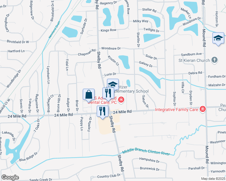 map of restaurants, bars, coffee shops, grocery stores, and more near 53200 Shelby Road in Shelby charter Township
