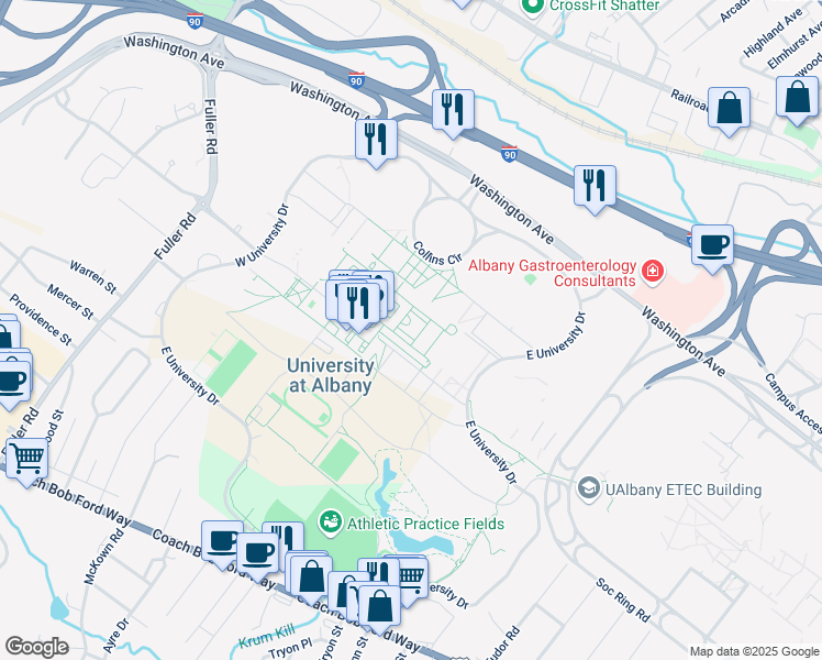 map of restaurants, bars, coffee shops, grocery stores, and more near 1400 Washington Avenue in Albany