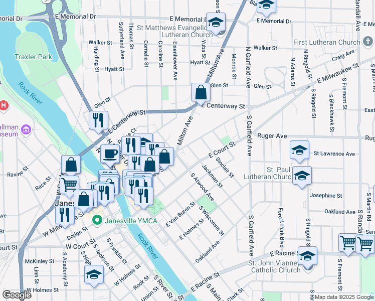 map of restaurants, bars, coffee shops, grocery stores, and more near 12 Jackman Street in Janesville