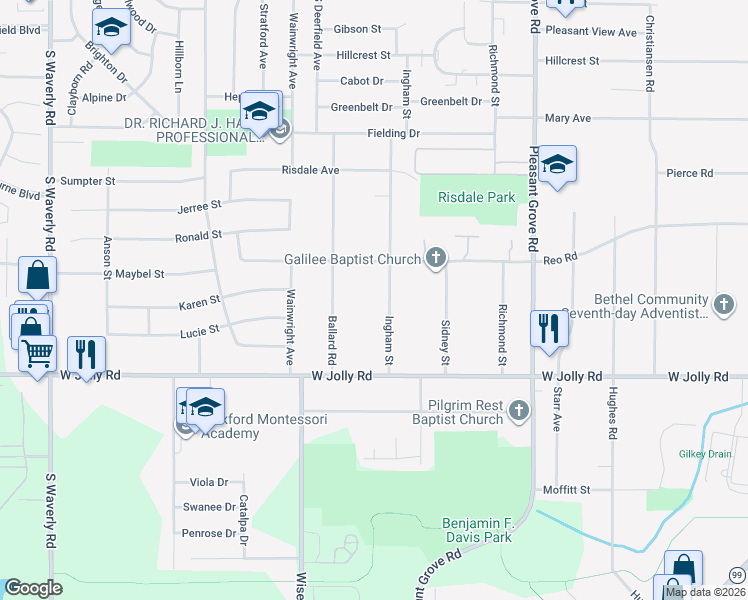 map of restaurants, bars, coffee shops, grocery stores, and more near 4808 Ingham Street in Lansing