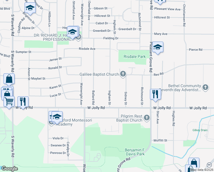 map of restaurants, bars, coffee shops, grocery stores, and more near 4808 Ingham Street in Lansing