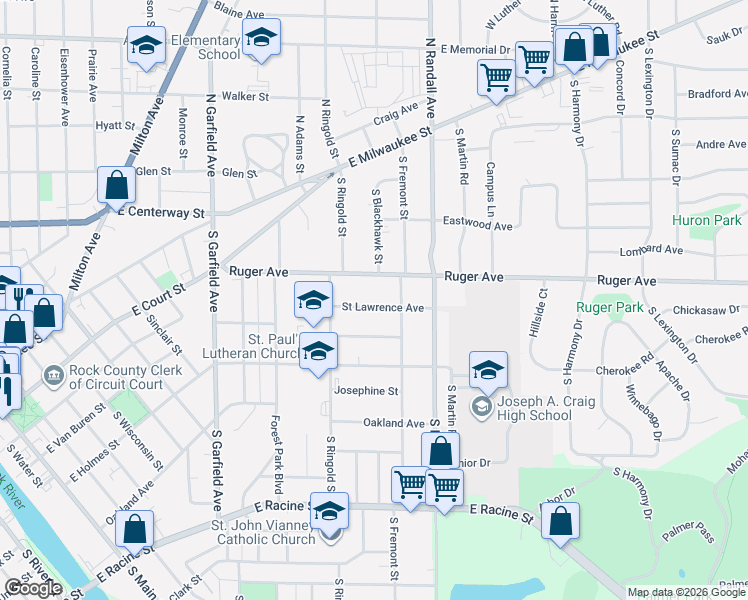 map of restaurants, bars, coffee shops, grocery stores, and more near 1407 Saint Lawrence Avenue in Janesville