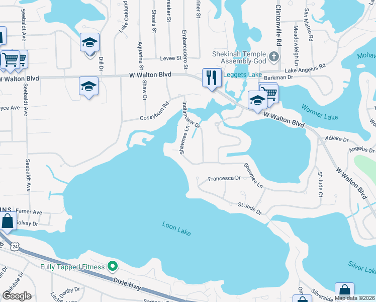 map of restaurants, bars, coffee shops, grocery stores, and more near 3214 Shawnee Lane in Waterford Township