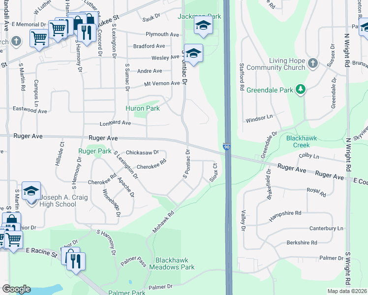 map of restaurants, bars, coffee shops, grocery stores, and more near 104 South Pontiac Drive in Janesville