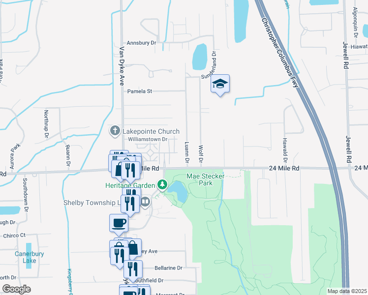 map of restaurants, bars, coffee shops, grocery stores, and more near 53121 Luann Drive in Macomb County