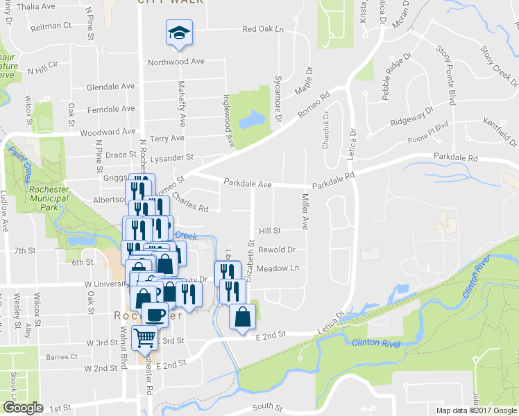 map of restaurants, bars, coffee shops, grocery stores, and more near 740 Elizabeth Street in Rochester