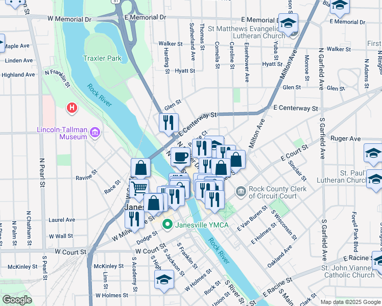 map of restaurants, bars, coffee shops, grocery stores, and more near 214 North Parker Drive in Janesville