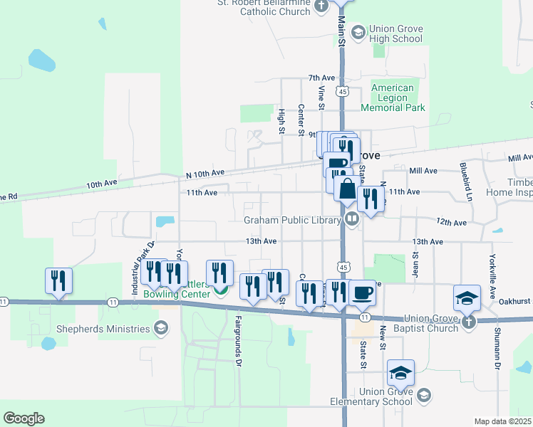 map of restaurants, bars, coffee shops, grocery stores, and more near 1126 High Street in Union Grove