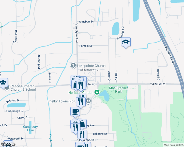 map of restaurants, bars, coffee shops, grocery stores, and more near 8264 Yorkshire Drive in Macomb County