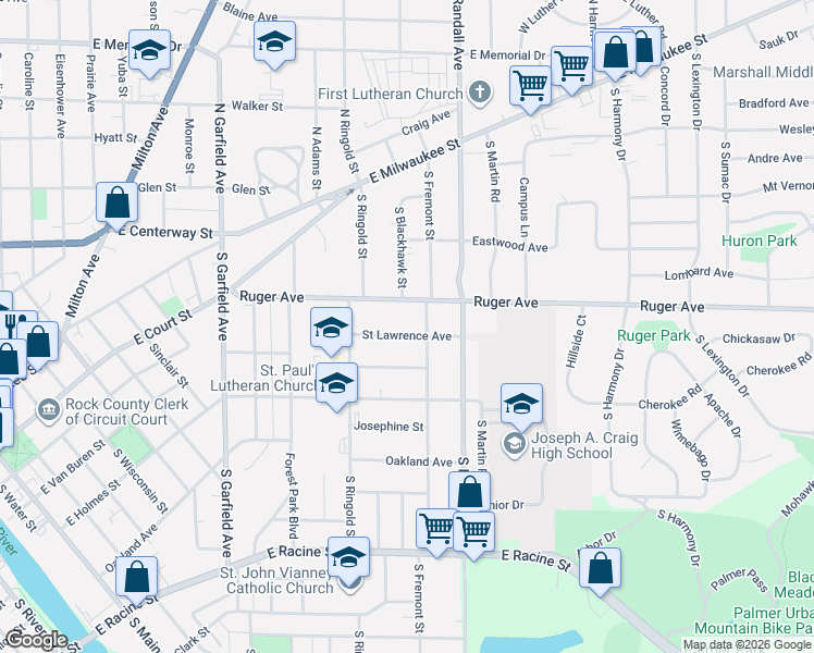 map of restaurants, bars, coffee shops, grocery stores, and more near 1407 Saint Lawrence Avenue in Janesville
