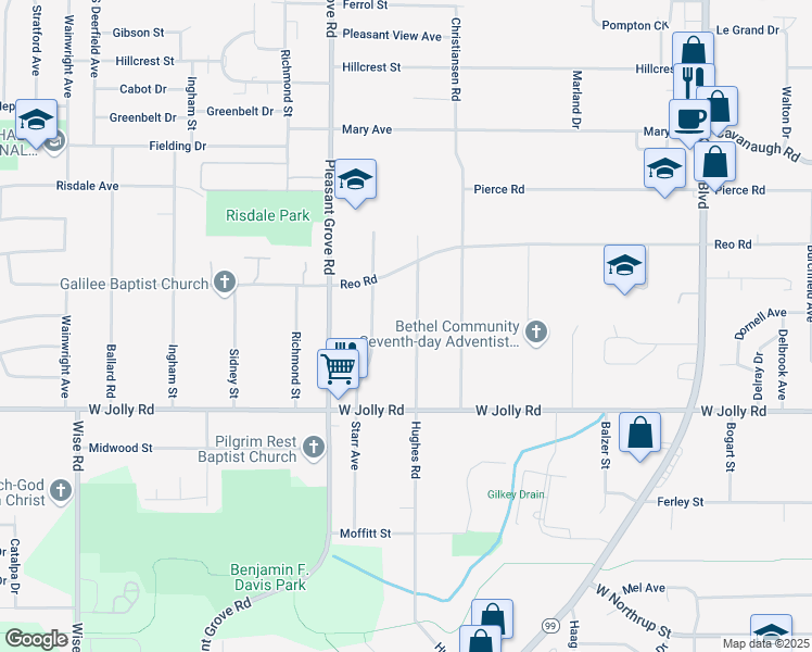 map of restaurants, bars, coffee shops, grocery stores, and more near 4804 Hughes Rd in Lansing