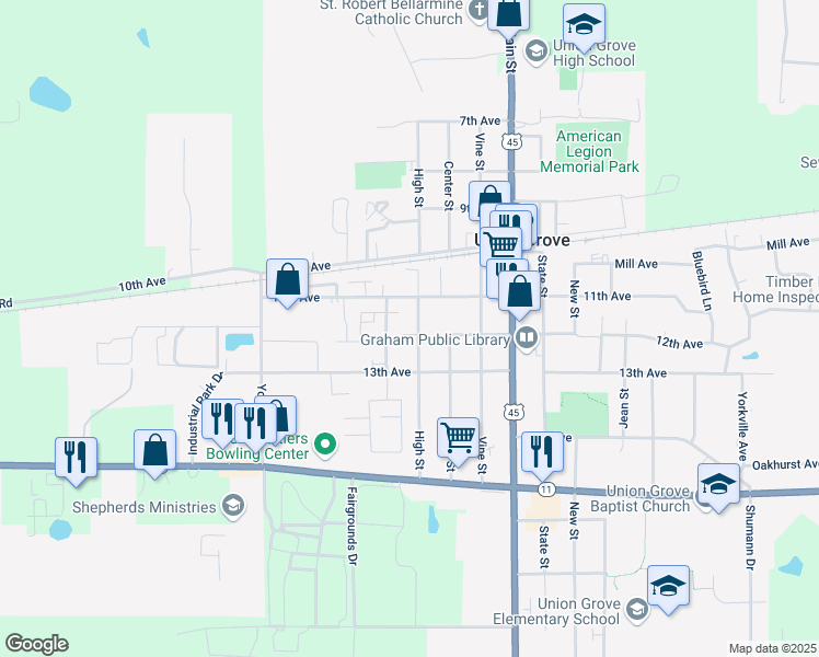 map of restaurants, bars, coffee shops, grocery stores, and more near 1126 High Street in Union Grove