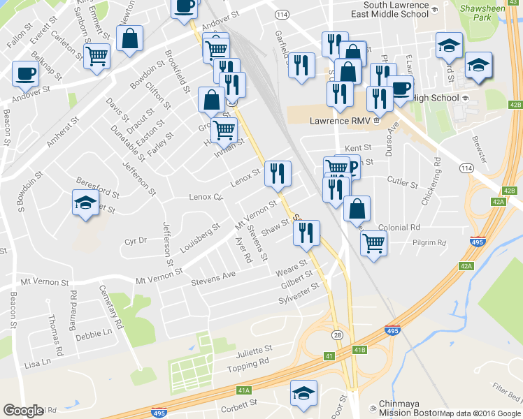 map of restaurants, bars, coffee shops, grocery stores, and more near 21 Mount Vernon Street in Lawrence