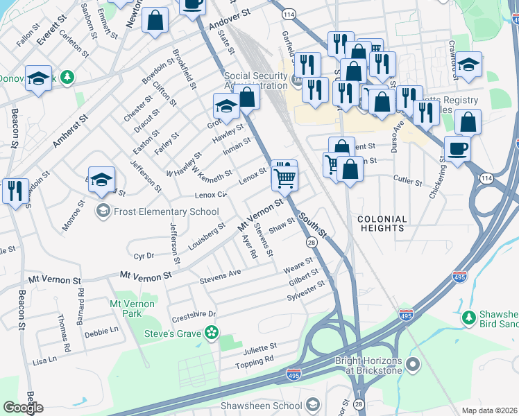 map of restaurants, bars, coffee shops, grocery stores, and more near 33 Mount Vernon Street in Lawrence