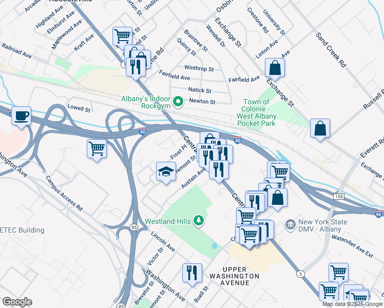 map of restaurants, bars, coffee shops, grocery stores, and more near 1040 Central Avenue in Albany