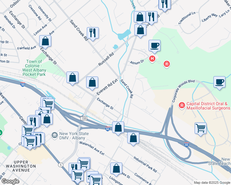 map of restaurants, bars, coffee shops, grocery stores, and more near 12 Duffy Lane in Albany