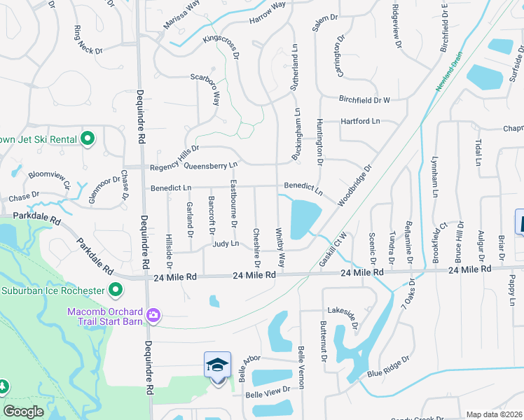 map of restaurants, bars, coffee shops, grocery stores, and more near 53335 Whitby Way in Macomb County
