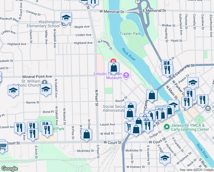 map of restaurants, bars, coffee shops, grocery stores, and more near 453 North Washington Street in Janesville