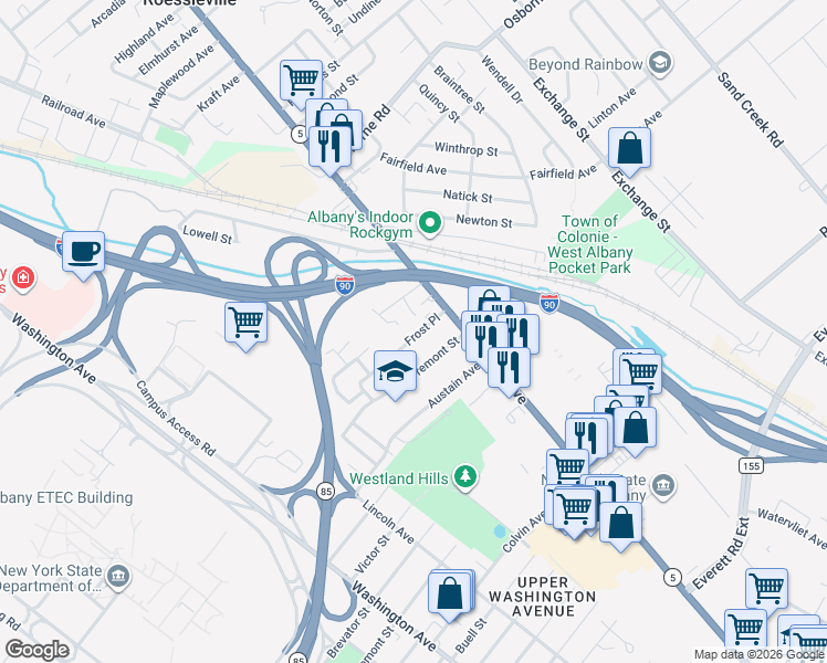 map of restaurants, bars, coffee shops, grocery stores, and more near 9 Frost Place in Albany