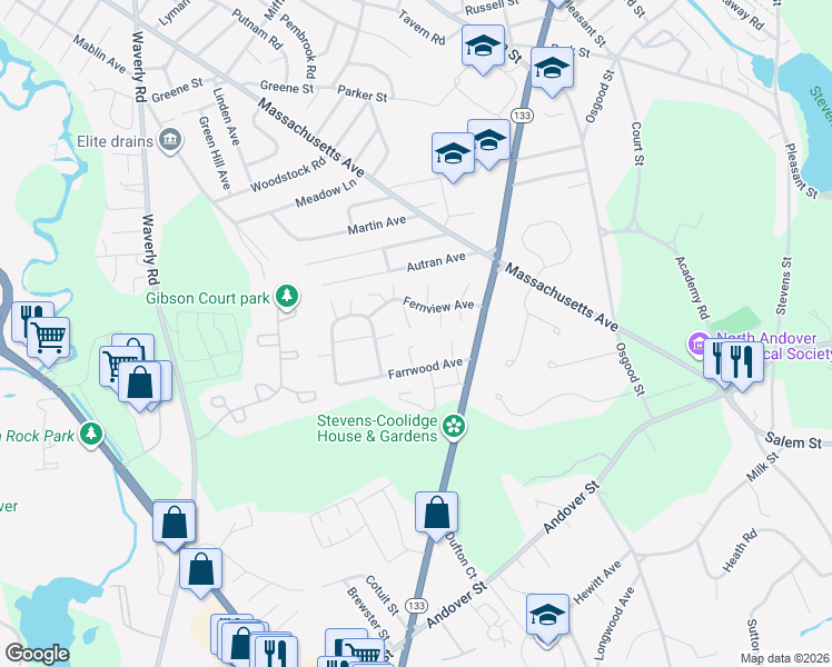 map of restaurants, bars, coffee shops, grocery stores, and more near 39 Farrwood Avenue in North Andover