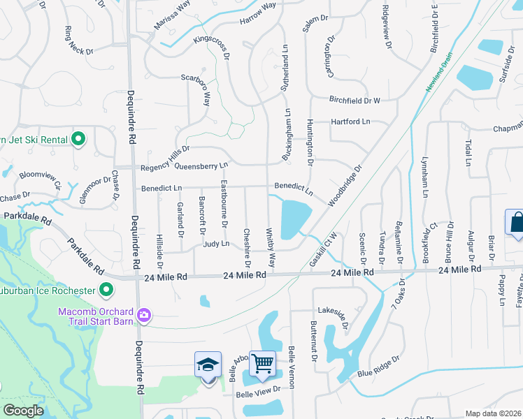 map of restaurants, bars, coffee shops, grocery stores, and more near 53335 Whitby Way in Macomb County