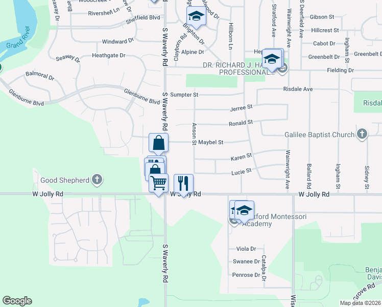map of restaurants, bars, coffee shops, grocery stores, and more near 4720 Anson Street in Lansing
