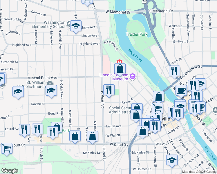 map of restaurants, bars, coffee shops, grocery stores, and more near 452 North Pearl Street in Janesville
