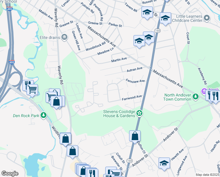 map of restaurants, bars, coffee shops, grocery stores, and more near 5 Fernview Avenue in North Andover
