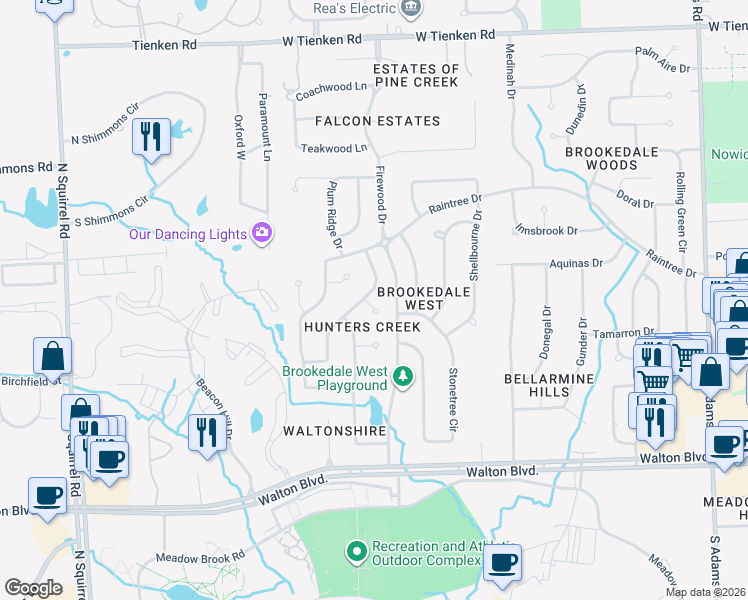 map of restaurants, bars, coffee shops, grocery stores, and more near 3680 Old Tree Court in Rochester Hills
