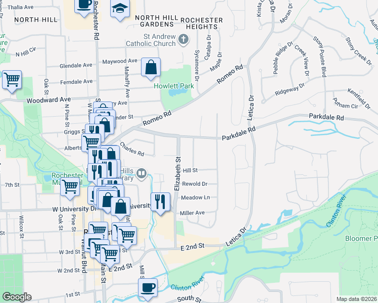 map of restaurants, bars, coffee shops, grocery stores, and more near 740 Elizabeth Street in Rochester