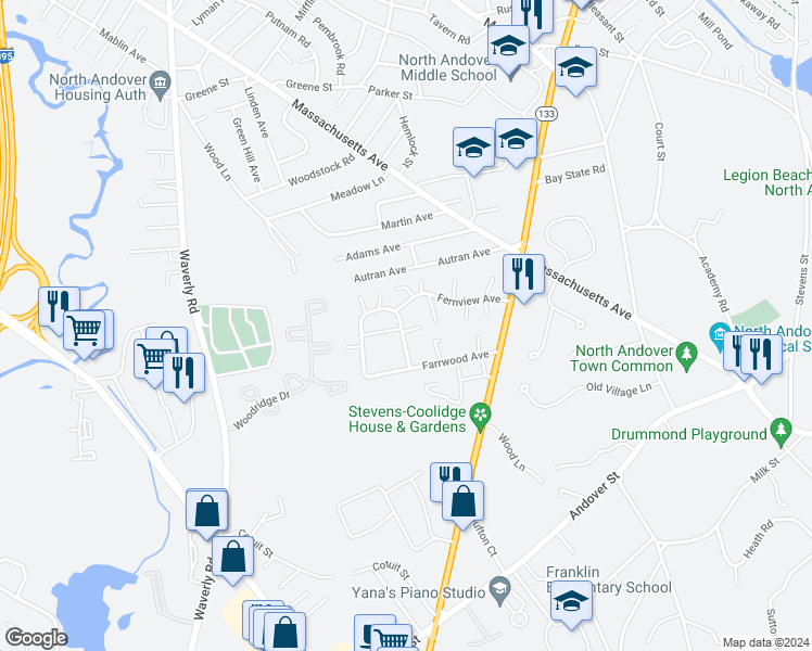 map of restaurants, bars, coffee shops, grocery stores, and more near 50 Edgelawn Avenue in North Andover