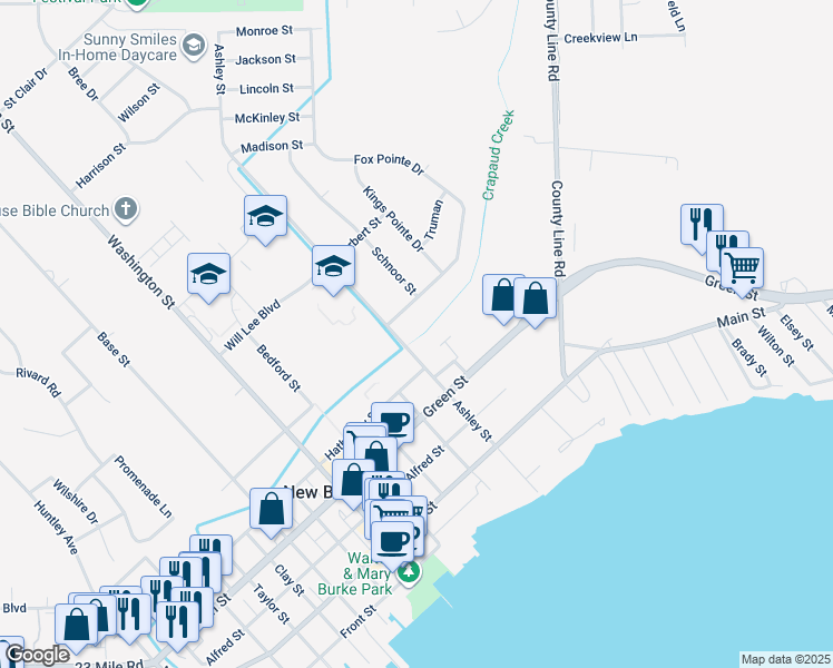 map of restaurants, bars, coffee shops, grocery stores, and more near 51500 Ashley Street in New Baltimore