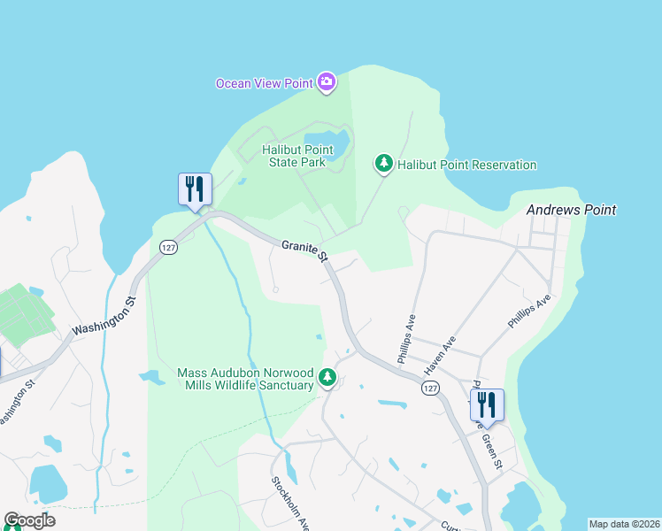 map of restaurants, bars, coffee shops, grocery stores, and more near 283 Granite Street in Rockport