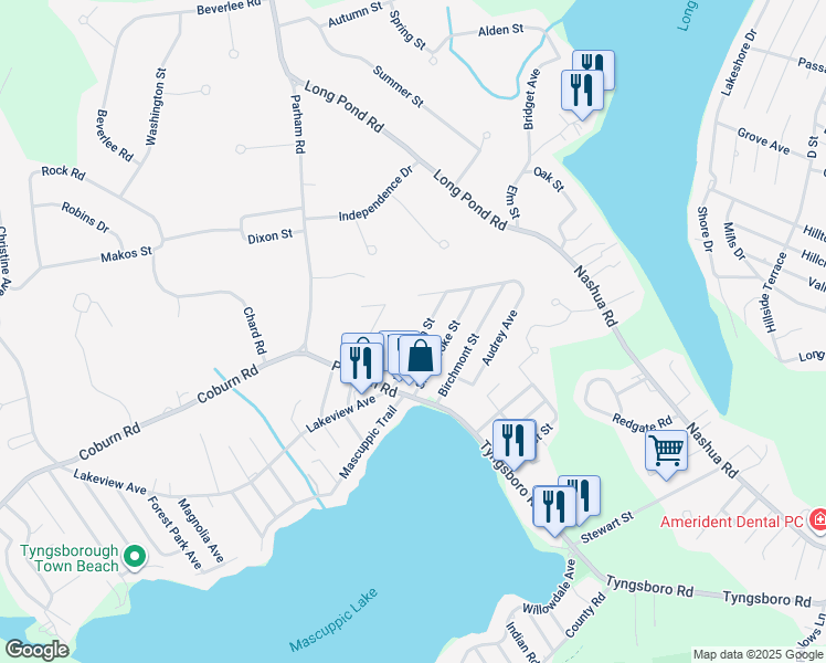 map of restaurants, bars, coffee shops, grocery stores, and more near 28 Woodlawn Street in Tyngsborough