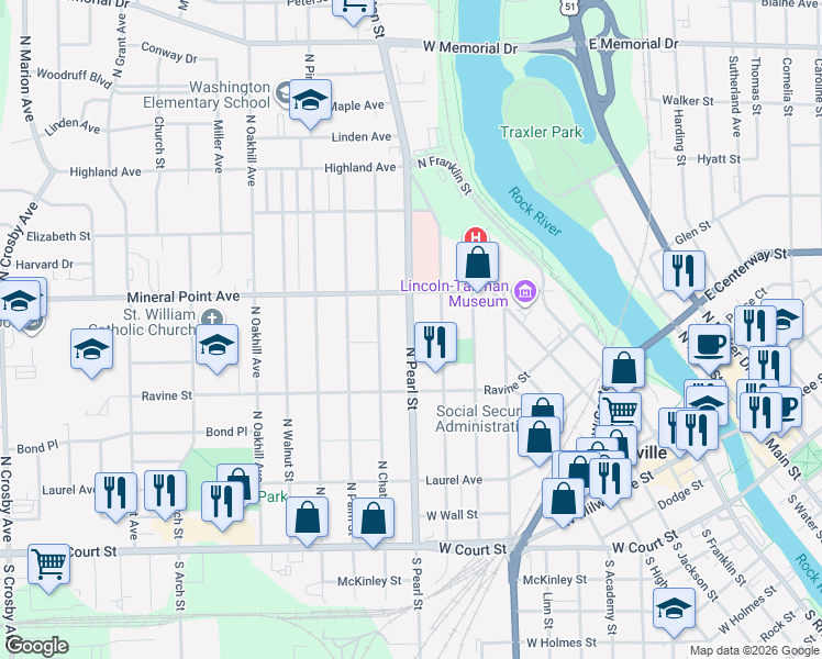 map of restaurants, bars, coffee shops, grocery stores, and more near 452 N Pearl St in Janesville